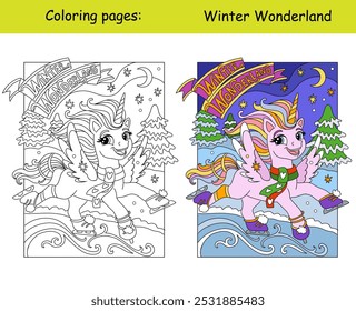 Navidades lindo sueño patinando unicornio. Letras del país de las maravillas de invierno. Ilustración monocromática de dibujos animados de Vector con muestra de color. Página de libro para colorear para niños. Para la educación, impresión, juego, diseño