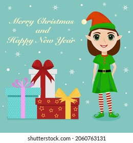 Christmas cute elf with gifts and snow background.