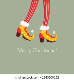 Christmas of cute elf leg. Shoes for the feet of elves, the leg of the gnome's helpers of Santa Claus in a set of pants. Shoes, funny striped socks and boots. Vector illustration