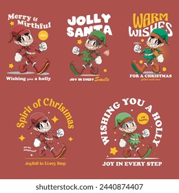 Christmas Cute Elf Retro Mascot Character Cartoon Illustration Set	
