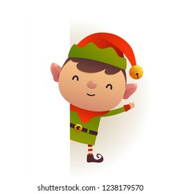 Christmas Cute elf standing behind blank signboard advertisement banner with copy space vector