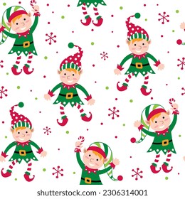 Christmas Cute Elves Seamless Pattern- Christmas Vector Illustration