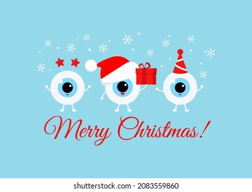 Christmas cute eye ball with xmas accessories smile on greeting card. White happy eye character in santa hat wit gift, patry cap and headband. Flat design cartoon Merry Christmas vector illustration.