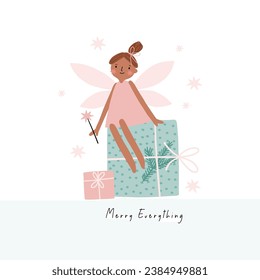Christmas Cute Fairy. Magical holidays - vector card in flat style. Cute fairies in different dresses isolated on white background