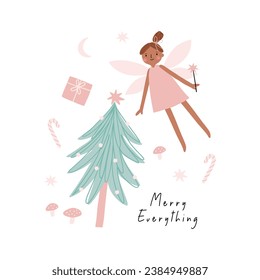 Christmas Cute Fairy. Magical holidays - vector card in flat style. Cute fairies in different dresses isolated on white background