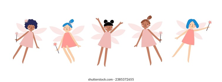 Christmas Cute Fairy. Magical holidays - vector card in flat style. Cute fairies in different dresses isolated on white background