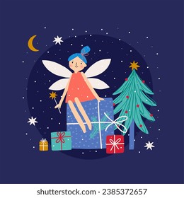 Christmas Cute Fairy. Magical holidays - vector card in flat style. Cute fairies in different dresses isolated on white background