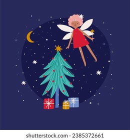 Christmas Cute Fairy. Magical holidays - vector card in flat style. Cute fairies in different dresses isolated on white background