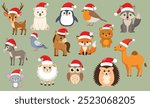 christmas cute flat animals with christmas cap. Reindeer, Polar Bears, Penguins, Robins, Donkeys, Doves, Owls, Hedgehogs, Sheep, Camels, Horses, Bears, Mice, Foxes, Wolves