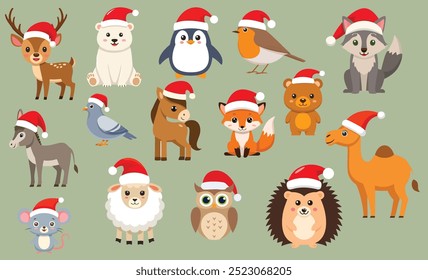 Animales planos lindos de la Navidad con el casquillo de la Navidad. Reno, Osos Polares, Pingüinos, Robins, Burros, Palomas, Búhos, Erizos, Ovejas, Camellos, Caballos, Osos, Ratones, Zorros, Lobos