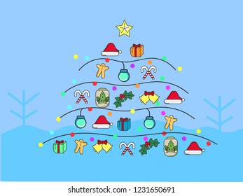 Christmas cute flat elements are built to be a christmas tree by the blue snowy background vector eps10