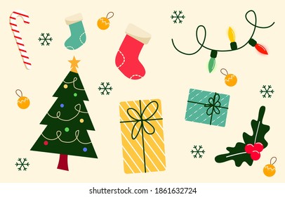 Christmas cute flat ornaments design vector illustration for holiday season decoration. EPS vector illustrator, all elements adjustable and editable.