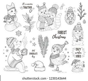 Christmas cute forest animals: fox owl raccoon bear hedgehog. Hand drawn trendy doodle icon set. Merry Xmas & Happy New year cartoon sketch. Vector illustration isolated white backgraund with slogan