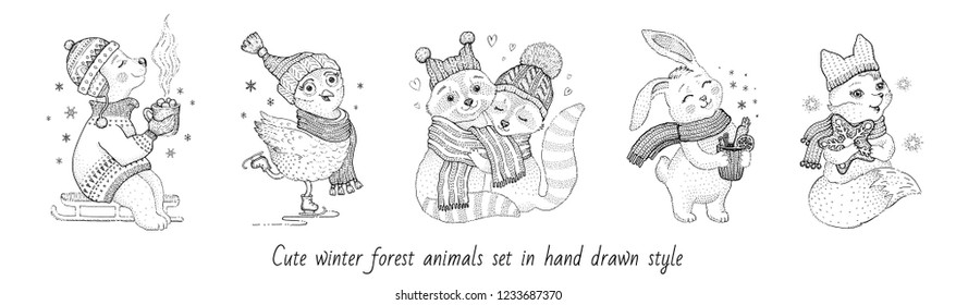 Christmas cute forest animals: hedgehog bear owl raccoon couple rabbit. Hand drawn trendy doodle icon set. Merry Xmas & Happy New year cartoon sketch. Vector illustration isolated white backgraund 