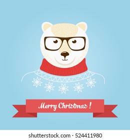 Christmas cute forest bear head logo. Vector modern fashionable hipster bear animal in clothes
