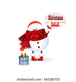 Christmas  Cute , Funny, baby Snowman holds banner with text  Christmas SALE  isolated on white background.  vector cartoon  illustration.