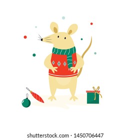 Christmas cute funny mouse in knitted sweater. Vector holiday illustration