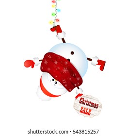  Christmas Cute, funny Snowman hanging upside down holds banner with text  Christmas SALE,  glowing  colorful light garlands isolated on white background. vector cartoon illustration.