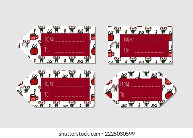 Christmas cute gift tag with doodle vector illustration. Printable tag for presents and gift boxes. Merry christmas and new year tag. Paper cut illustration