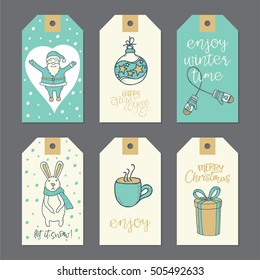 Christmas cute gift tags set. Vector illustration.