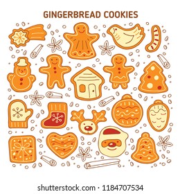 Christmas cute gingerbread cookies set isolated on white background. Doodle style. Design elements for greeting cards, leaflets, posters, banners and home decorations. Holiday symbols.