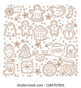 Christmas cute gingerbread cookies set isolated on white background. Doodle style. Design elements for greeting cards, leaflets, posters, banners and home decorations. Holiday symbols.
