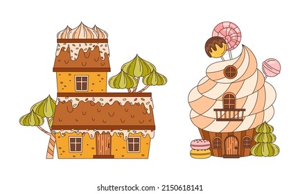 Christmas cute gingerbread houses set. Traditional festive sweet baked dessert cartoon vector illustration