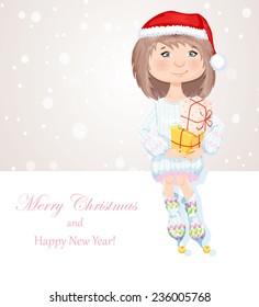 Christmas cute girl with gift box sits on white banner. Vector illustration.