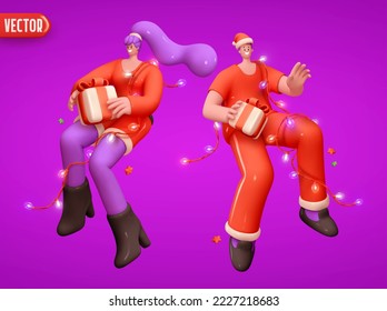 Christmas cute girl and man. Couple of young people woman and man happiness smile face positive emotions. Isolated Holiday New year cartoon 3d character couple of young people. Vector illustration