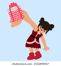 CHRISTMAS, CUTE GIRL WEARING A SANTA CLAUS JACKET SHOWING HER GIFT