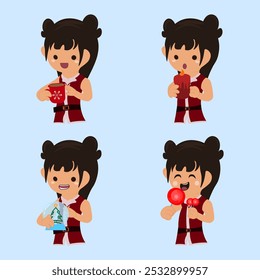 CHRISTMAS, CUTE GIRL WEARING A SANTA CLAUS CLOTH, HOLDING A GLASS OF COFFEE, CANDY ,  CANDLE AND CHRISTMAS ORNAMENTS