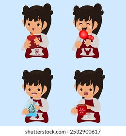 CHRISTMAS, CUTE GIRL WEARING A CHRISTMAS THEMED JACKET, HOLDING A GLASS OF COFFEE, CANDY, CANDLE AND CHRISTMAS ORNAMENT