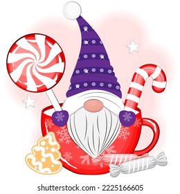 Christmas cute gnome in a cup with candy vector illustration