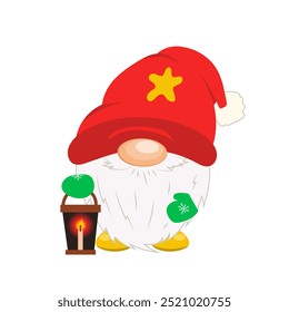 Christmas cute gnome in flat design. Dwarf with nose in big hat holds lantern. Vector illustration isolated.