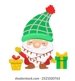 Christmas cute gnome in flat design. Dwarf in big hat and garland with gifts. Vector illustration isolated.