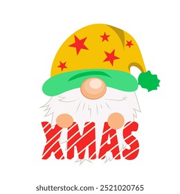 Christmas cute gnome in flat design. Fanny dwarf with nose in hat with Xmas. Vector illustration isolated.