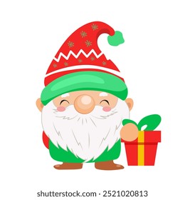 Christmas cute gnome in flat design. Funny dwarf in big hat with gift. Vector illustration isolated.