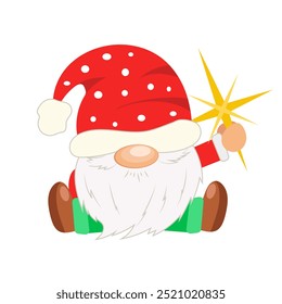 Christmas cute gnome in flat design. Funny dwarf with nose in hat holds star. Vector illustration isolated.