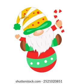 Christmas cute gnome in flat design. Dwarf in big hat on ball holds candy. Vector illustration isolated.