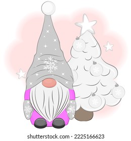 Christmas cute gnome with a Christmas tree vector illustration