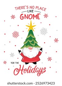 Christmas Cute Gnomes Isolated Pattern with Christmas Tree with Star on the Head, Snowflakes and Christmas Text- Christmas Vector Illustration