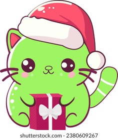 Christmas Cute Green Cat Clipart Design 