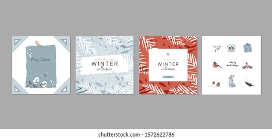 Christmas cute greeting card or banner templates with different winter holidays symbols, animals and characters. hand drawn textures design concept