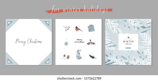 Christmas cute greeting card or banner templates with different winter holidays symbols, animals and characters. hand drawn textures design concept
