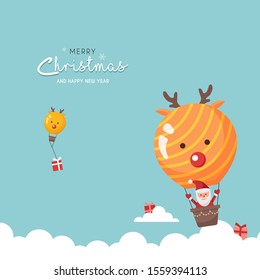 Christmas cute greeting card with santa and reindeer air balloon