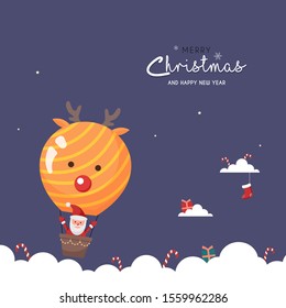 Christmas cute greeting card with santa and reindeer air balloon