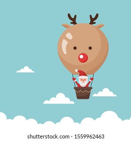 Christmas cute greeting card with santa and reindeer air balloon