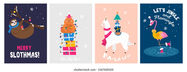 Christmas cute greeting cards with happy animals set vector illustration. Unicorn, flamingo, cat, sloth having fun under snowy weather flat style design. Happy holidays concept