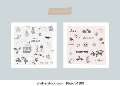 Christmas cute greeting cards or postcards templates with different winter holidays symbols, animals, birds and characters. modern hand drawn artistic cartoon textures design concept