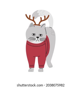 Christmas cute grey cat with deer horns and cozy red sweaters. Adorable xmas holiday animal. Hand drawn illustration in flat cartoon style, isolated on white background